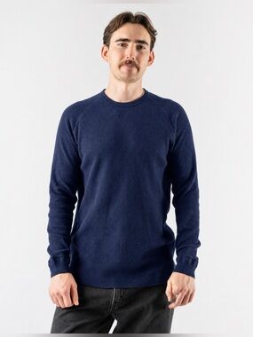 Beams Waffle Slim Sweater Sz M Blue Long Sleeve 100% Cotton Made In Japan